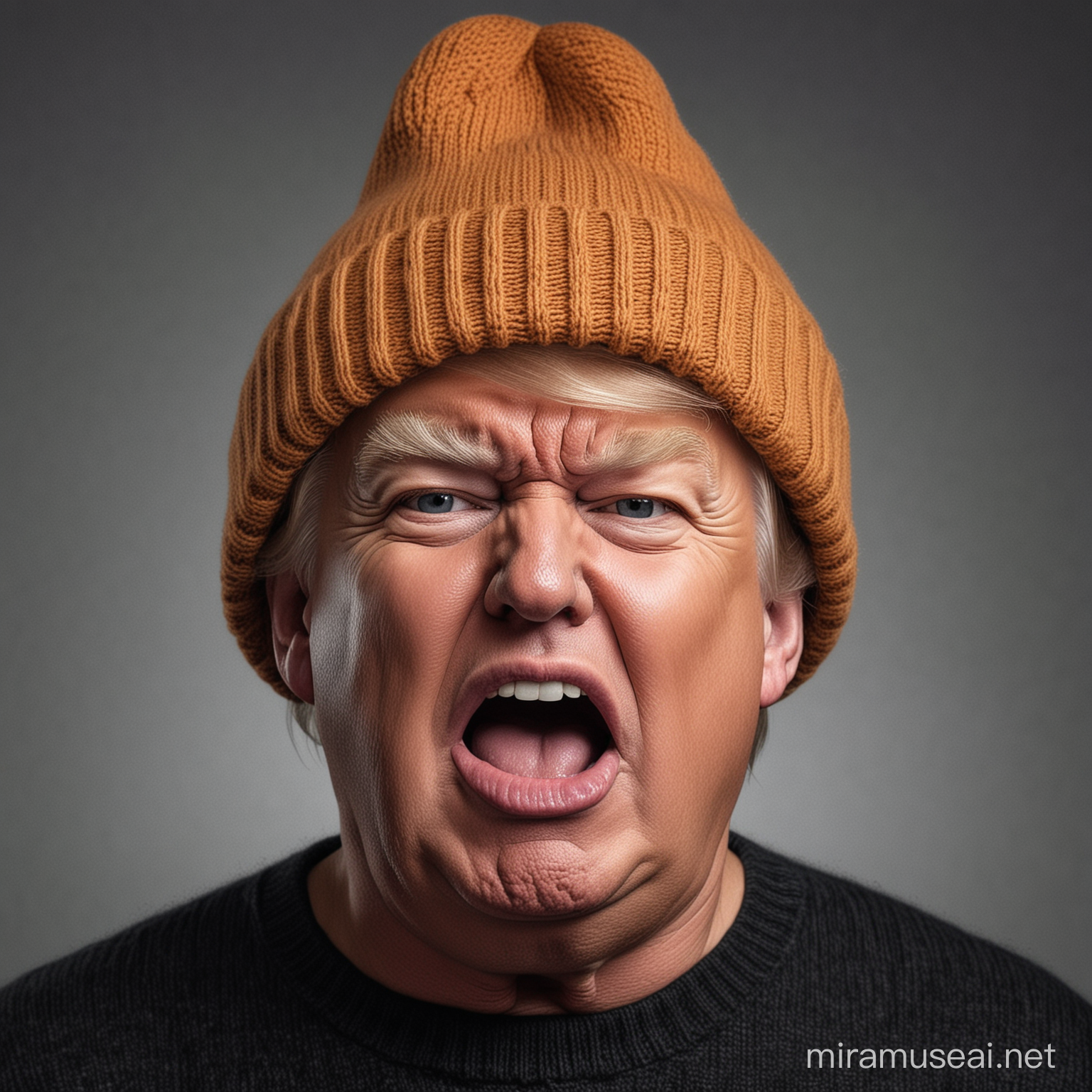 Donald Trump Meme Angry Headshot with Knitted Beanie Hat