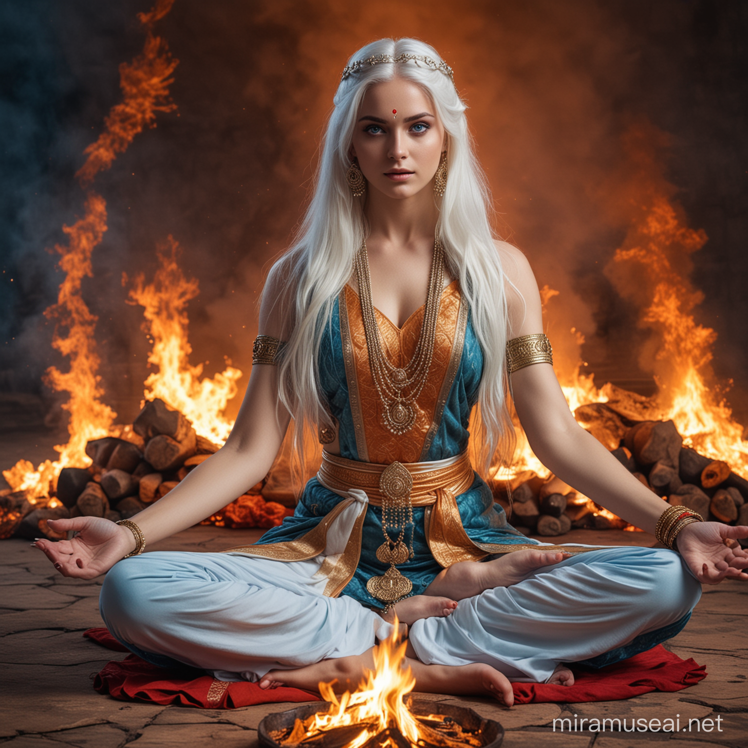 Diosa emperatriz hermosa joven de cabellos blancos largos y ojos azules vestida como Diosa emperatriz hindu en combate sentada en posición flor de loto rodeada de fuego 
