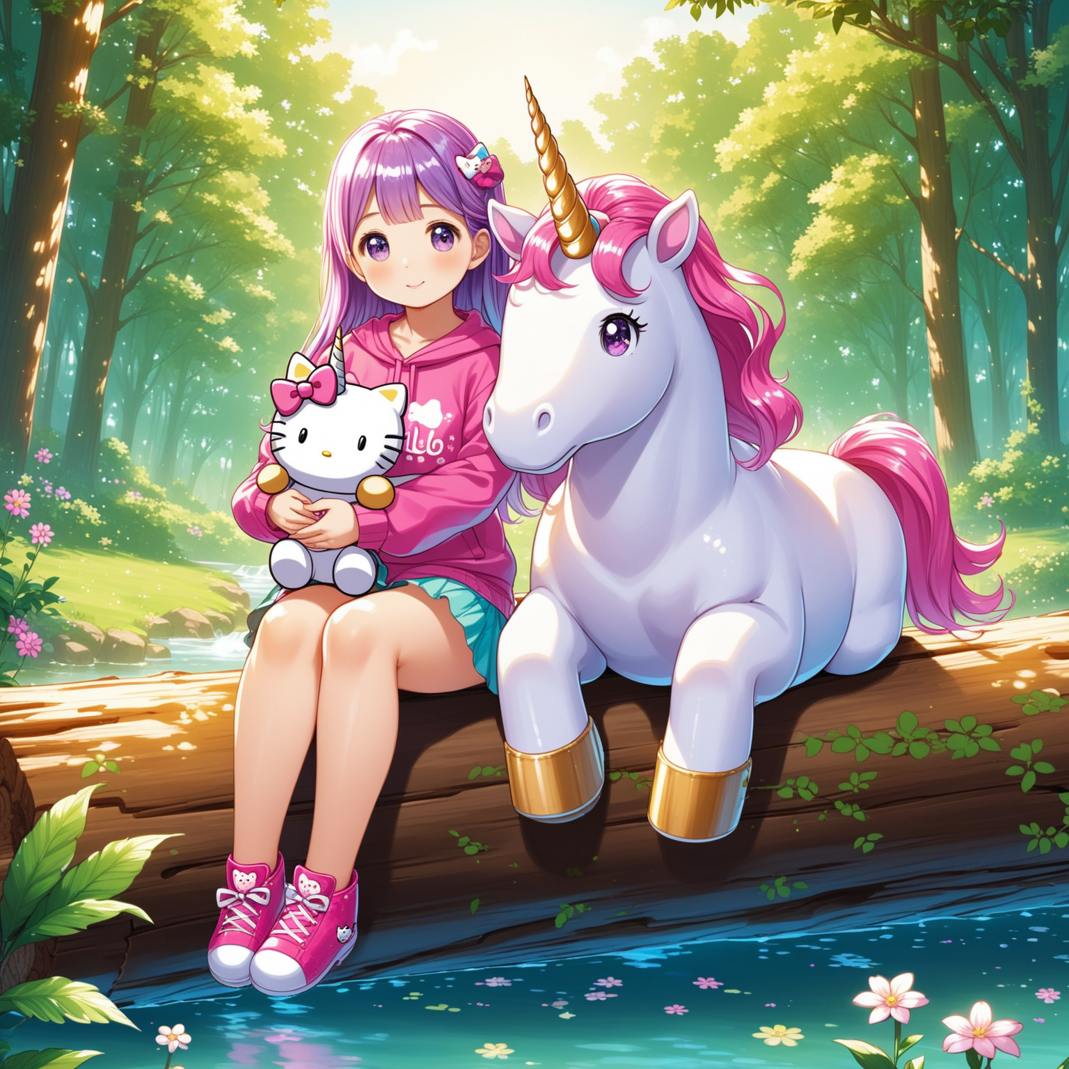 Girl Sitting on Log with Big Fat Unicorn and Hello Kitty