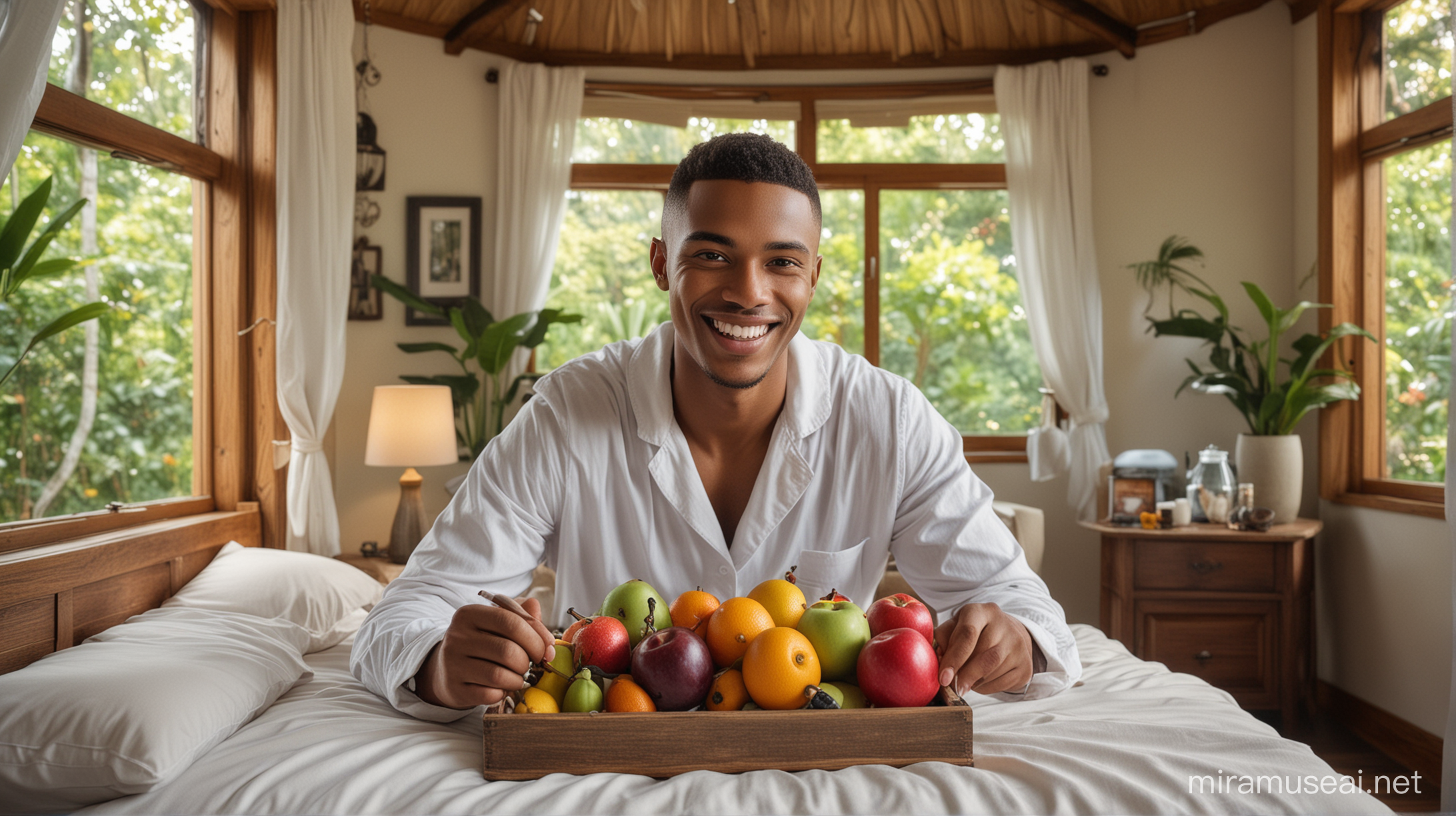 hyper realistic Wide shot, of a happy smiling cute round faced, clean shaven, 27 years old, strong young African American businessman with buzzcut hair, in a very large bed, wearing a white cotton pajamas, smiling and eating extra large exotic fruits from a breakfast in bed tray full of large exotic fruit, he is reading a handwritten paper love note, he lives in a beautiful large bedroom in an amazing treehouse in the jungle, early morning light comes through large open air windows, sharp focus, fine details, HDR, perfect fingers and hands, realistic, film still, expert, insanely detailed, composition, framing, centered, depth of field, perfect face, wide-angle shot, unreal engine, oil on canvas, hyper realism, masterpiece, natural lighting, 16k resolution, a masterpiece, 75mm, hyper-maximalist
