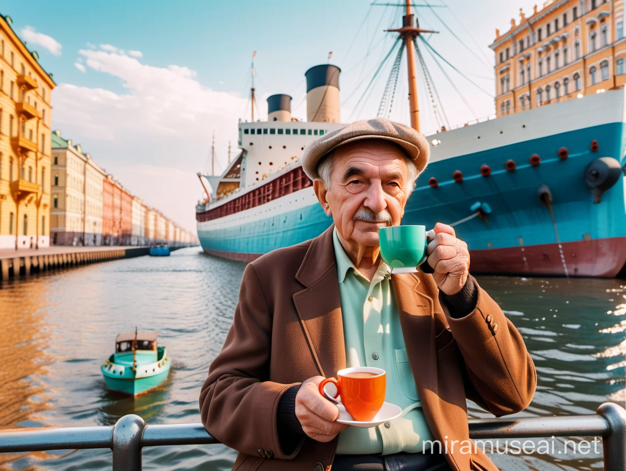 Famous writer of 80-90 years drinking tea on the streets of St. Petersburg, behind him a big ship, behind him beautiful towers, take a photo in semi bright colors, retro style