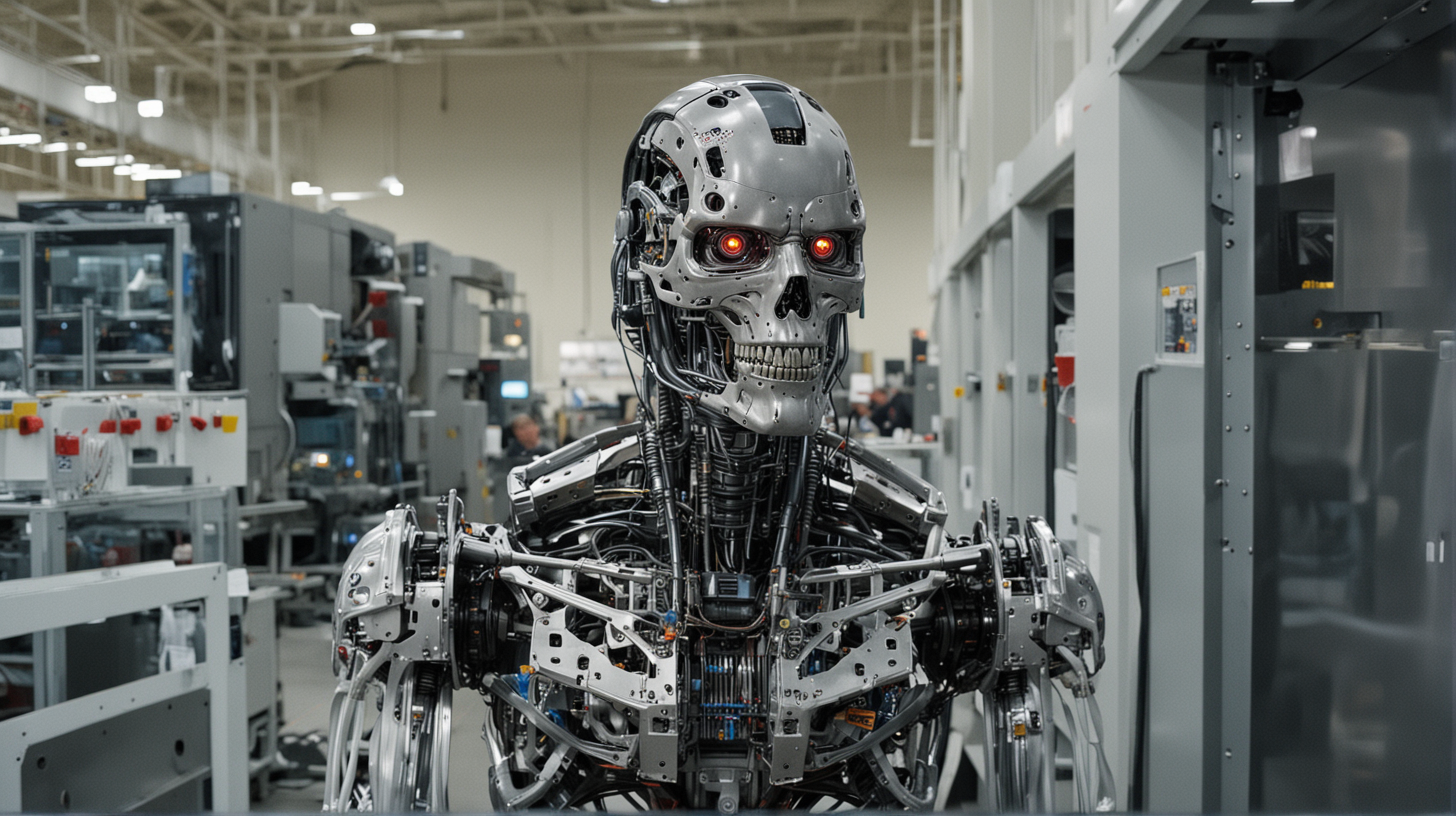 Terminator Robot Peeking Around Corner in Chip Making Factory