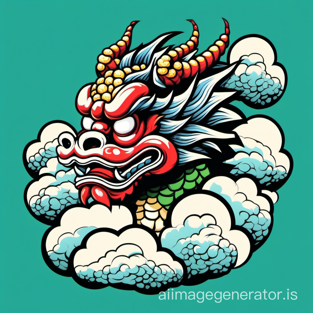 Abstract pop art design of a oriental dragon daruma head with clouds around, side view, tshirt print design, with empty background 