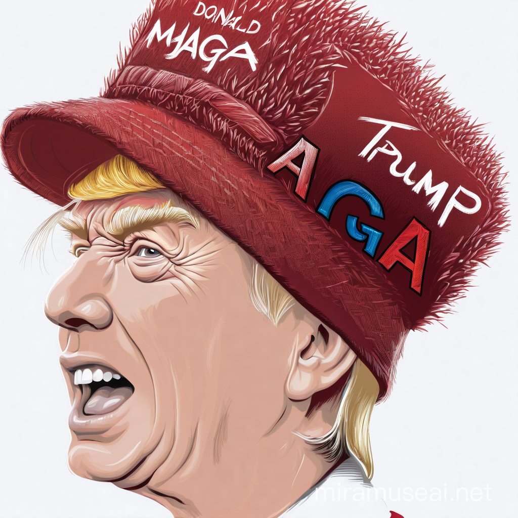 color the hat on this image red. draw the word MAGA on it and draw donald trump wearing it while he's screaming angrily.