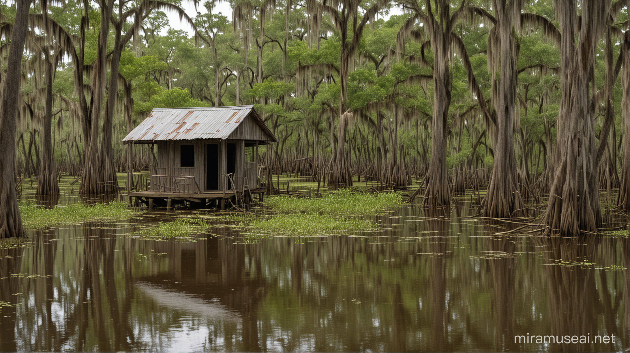 Louisiana bayou swamp with shack sitting next to waters edge 