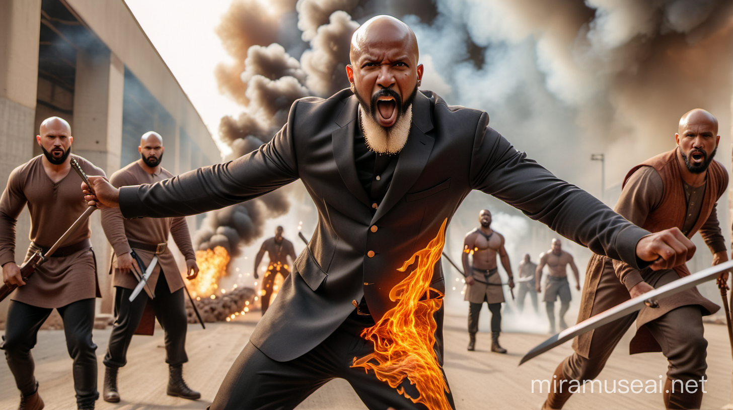 bald black man with blonde beard slaying his enemies with fire coming from mouth