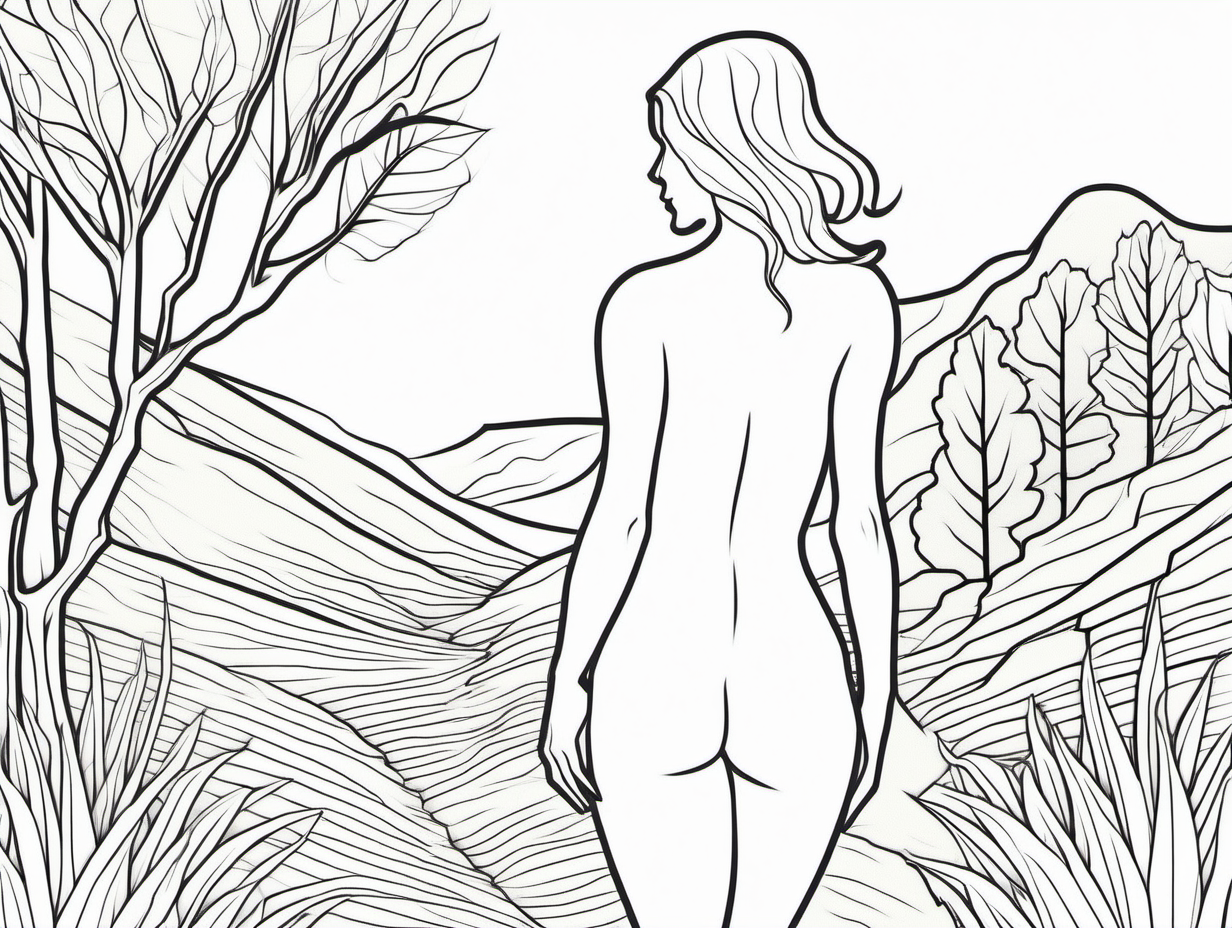Minimalist Line Art of Nude Woman Embracing Nature for Coloring