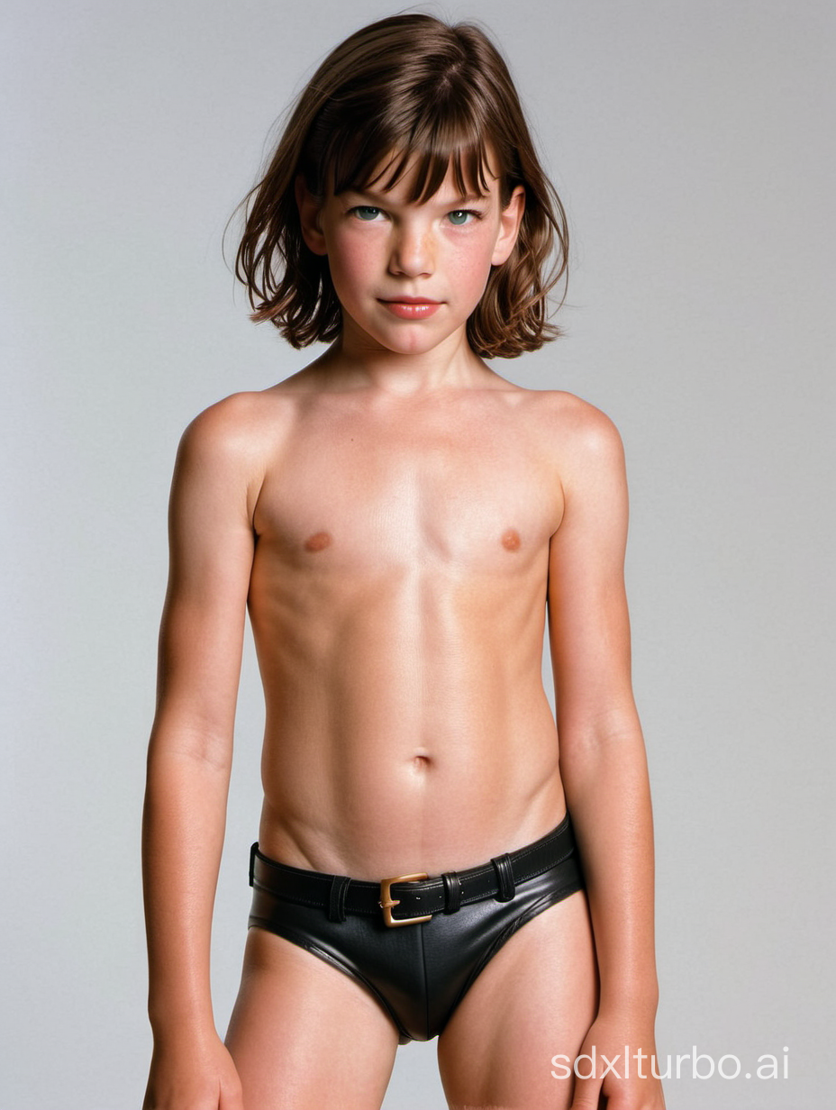 Milla Jovovich at 7 years old, flat chested, muscular abs, showing her belly, leather