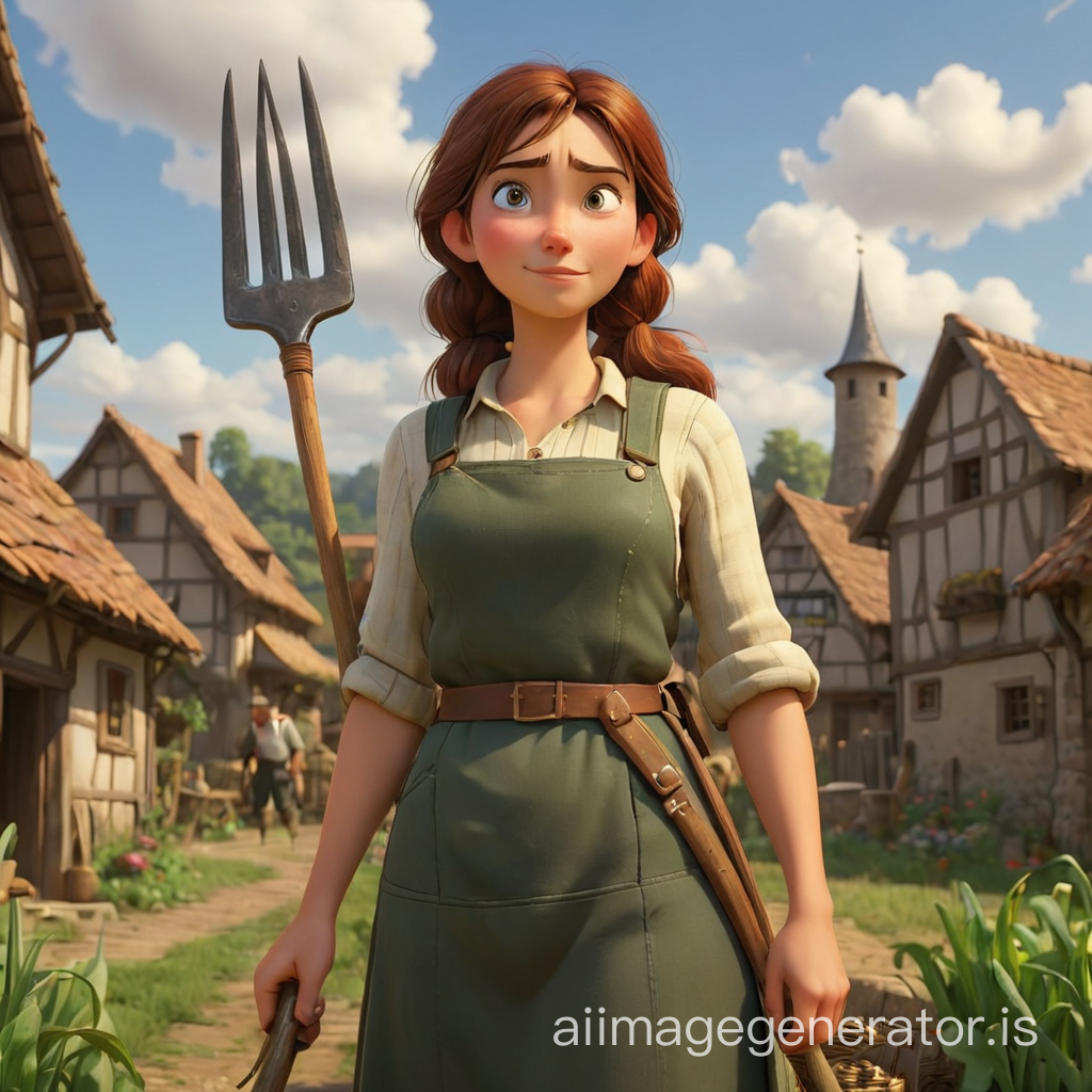 breasted female farmer +pitchfork
 + a medieval village + Pixar CGI Style