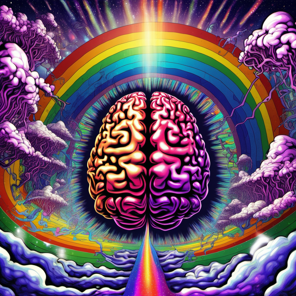 /imagine prompt: /imagine prompt: a{psychedelic brain} {a painting of a brain with a rainbow stream coming out of it,dmt entity,lsd art} that {mind-bending digital art,dmt background} while wearing {dmt visuals,lsd dream emulator,cgsociety,surreal psychedelic design} in {saturated colors,shamanic horror lsd art}, in {cgsociety 9,dmt trip,lsd trip} style.::3 rgb::3