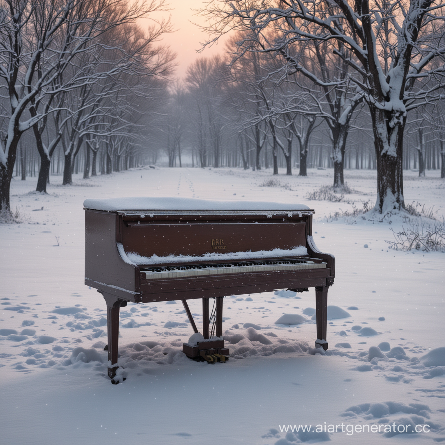 Piano in snow on evening with snowfall
