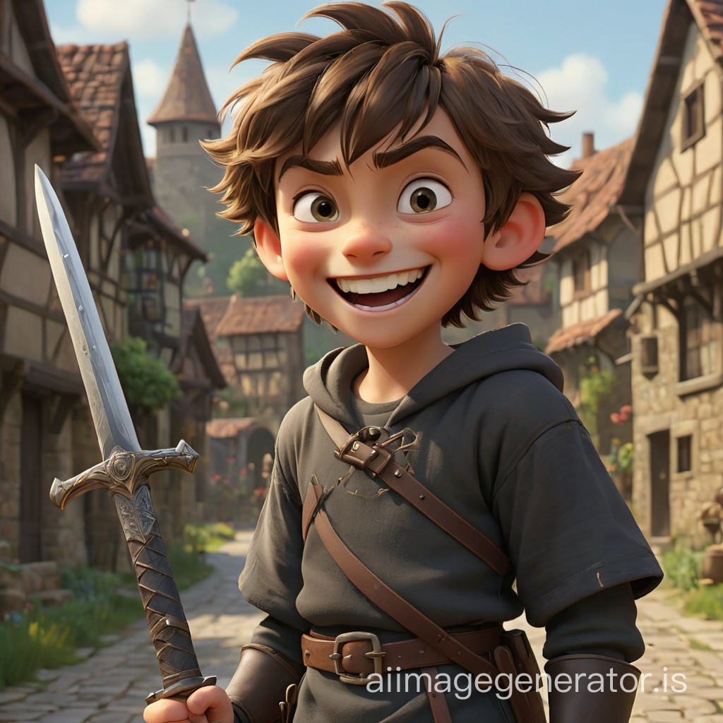 young evil boy grinning with sword + medieval village + pixar cgi style