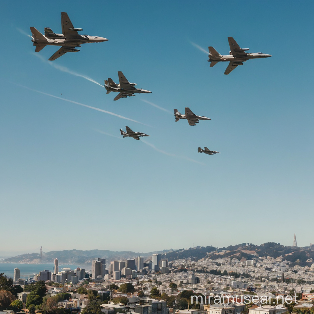 modern multiple military planes flying over San Francisco  on a  sunny day. some of the planes are bomber aircraft