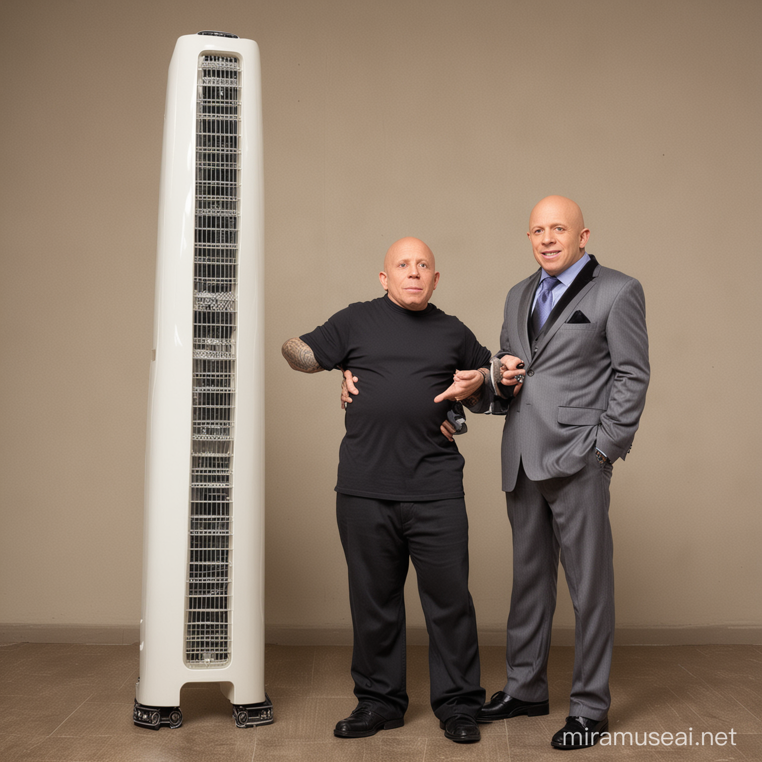 A box fan as tall as a skyscraper, next to verne troyer