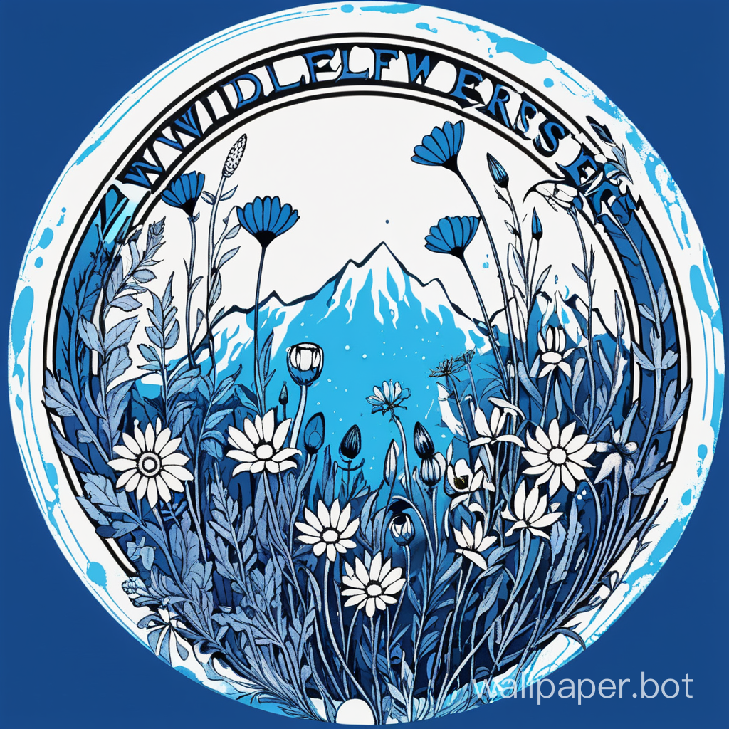 wildflowers logo, masterpiece, fish eye, wildflowers around circle,  lineart, blue scale, dripping colors, punk 