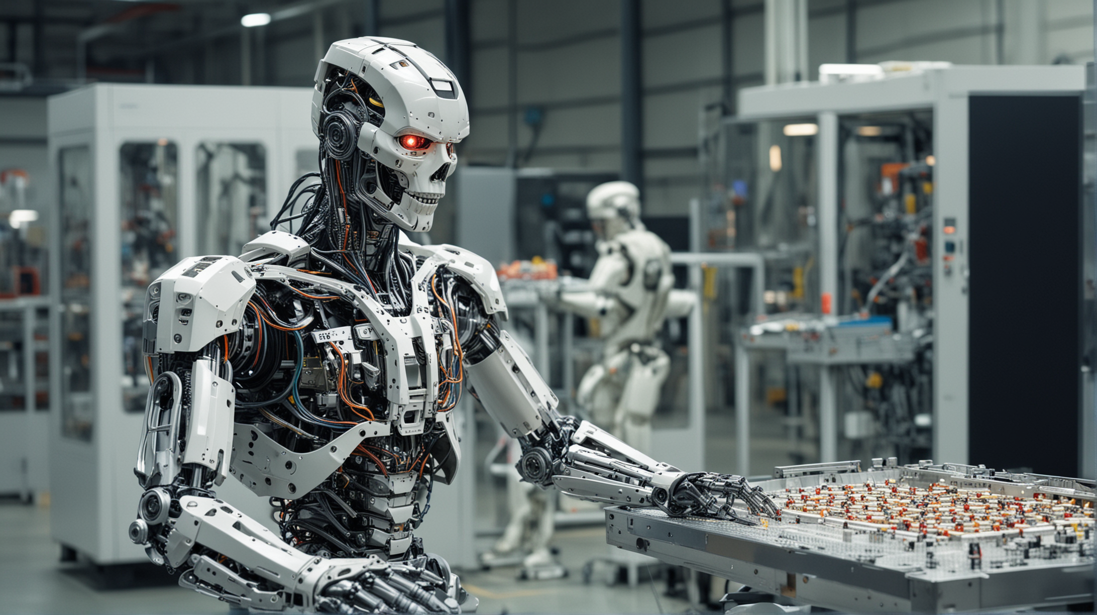 robot terminator, in factory, chip making machne, Applied Materials Endura machine in background,