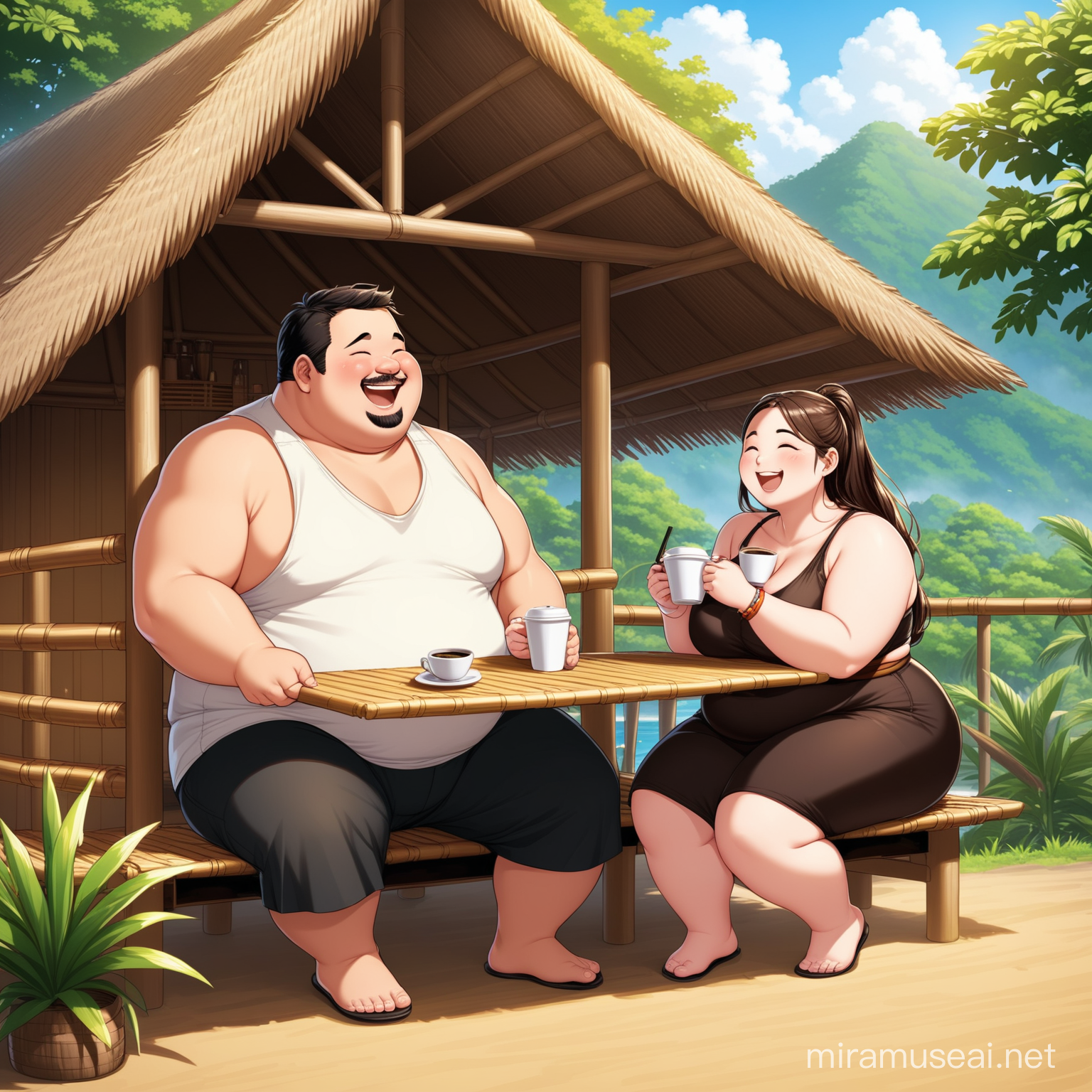 Happy couple (a chubby man and a chubby woman) happily chatting outside a nipa hut while having a coffee