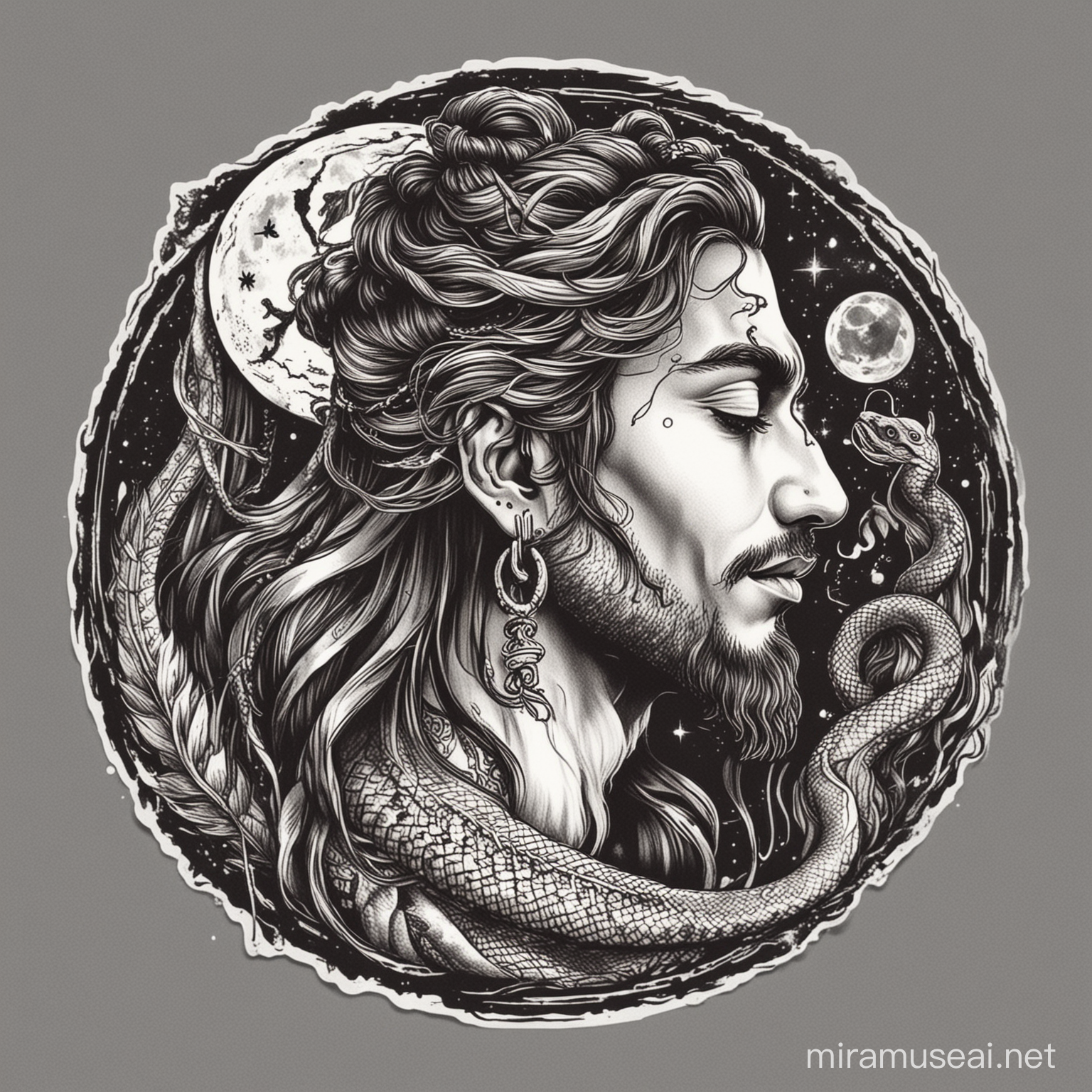 I want a sticker with shiva side profile focus on face, thrid eye long hair with man bun having snake, moon and rudraksham The image should be in the sticker format, line art, tattoo