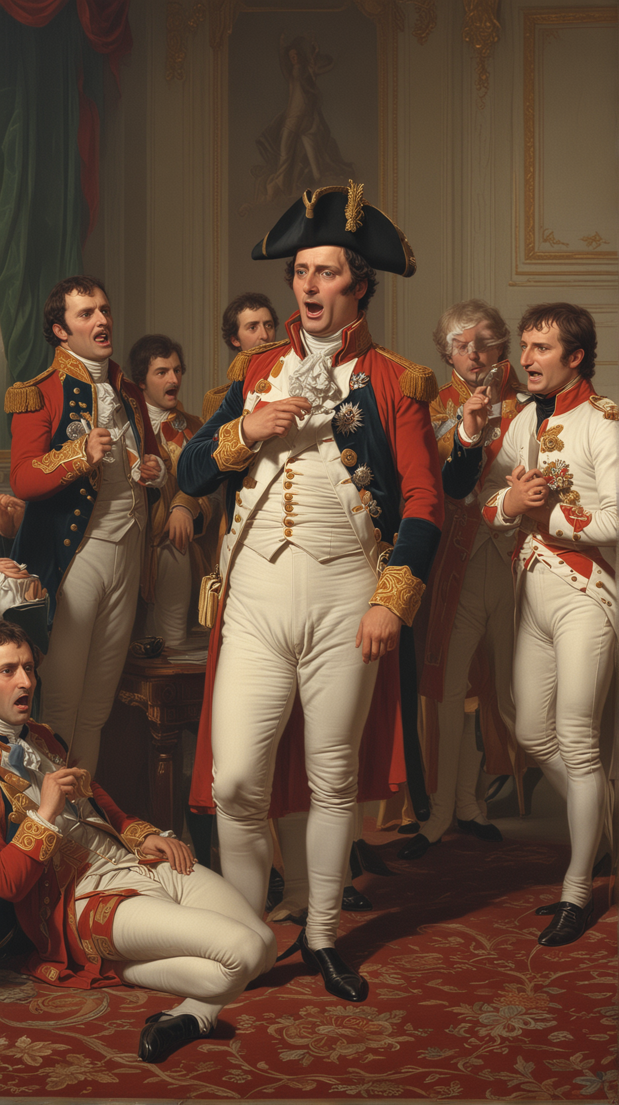 Napoleon Bonaparte confidently singing at a meeting despite his lack of vocal talent, surrounded by embarrassed advisors.