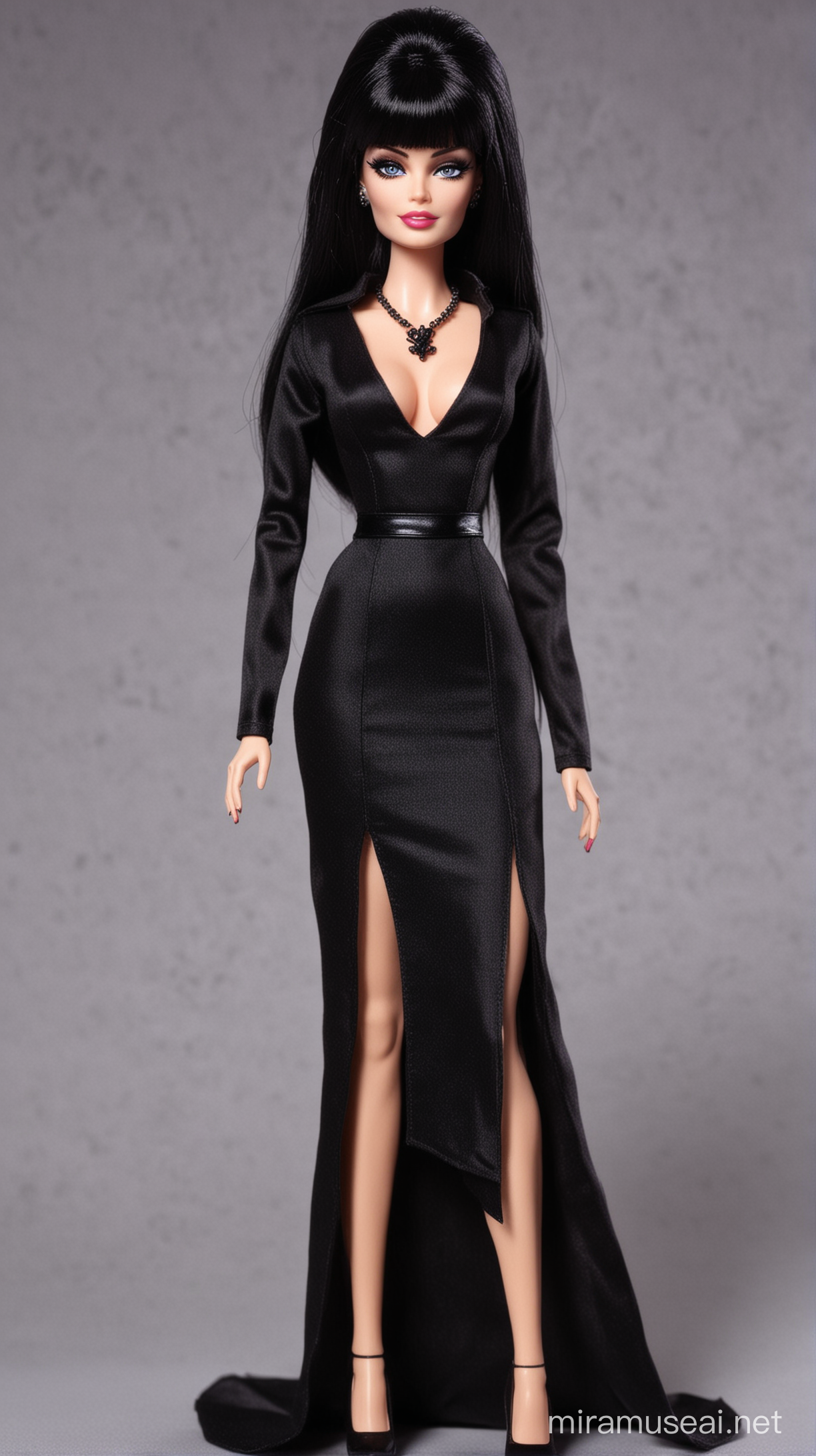 "Design a Barbie version of Elvira, Mistress of the Dark, with her long black low-cut dress and a side slit."