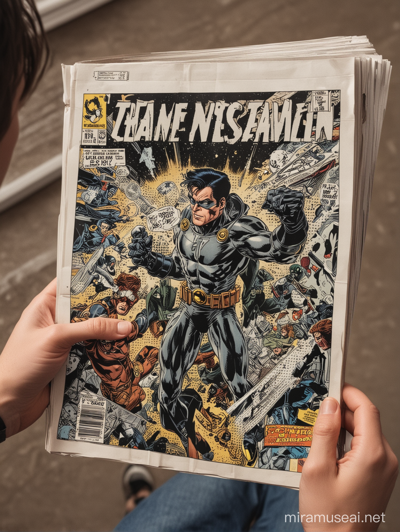 person holding a comic book, looking at the cover