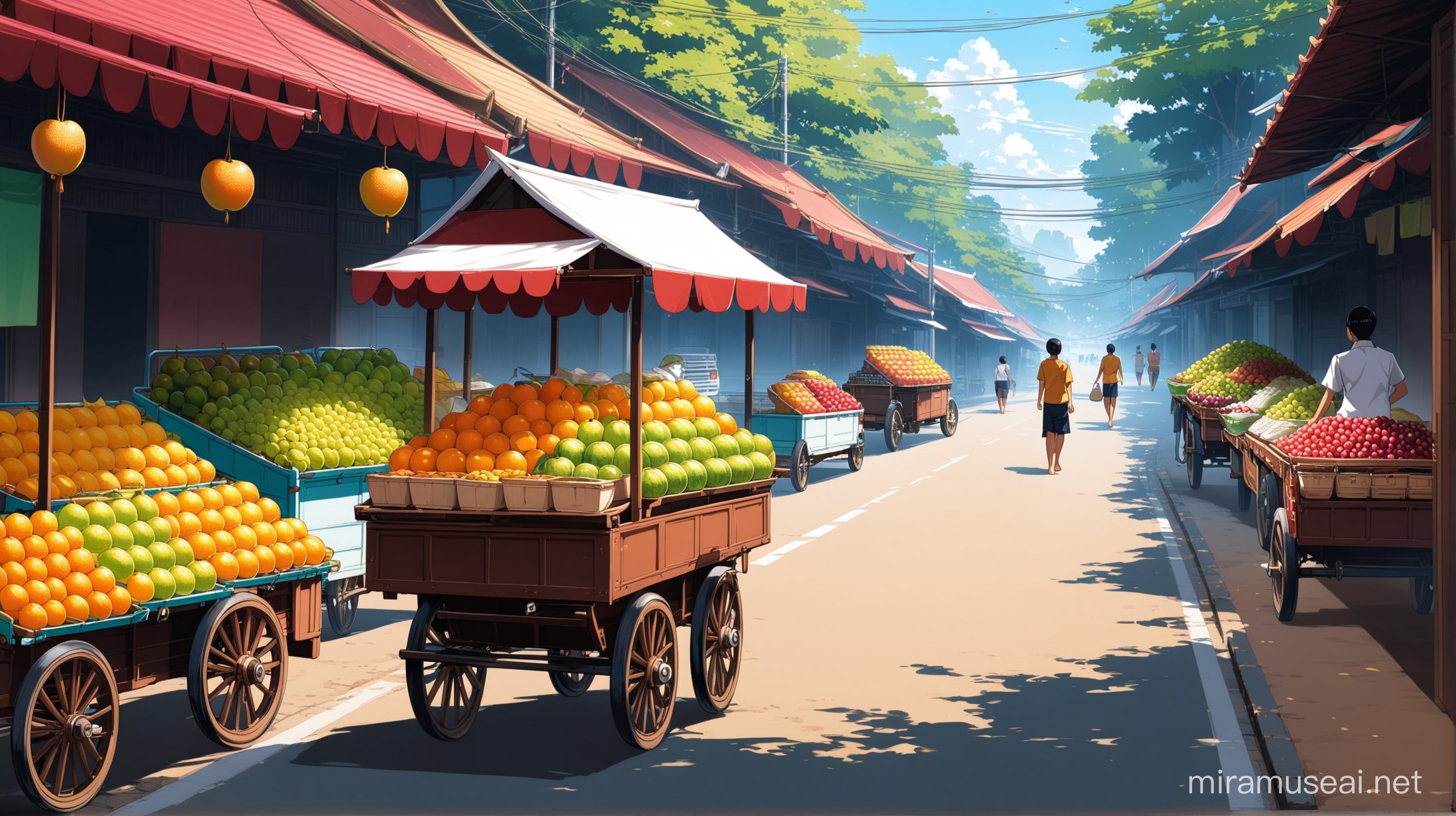 thailand Cart selling fruit beside street anime perspective

