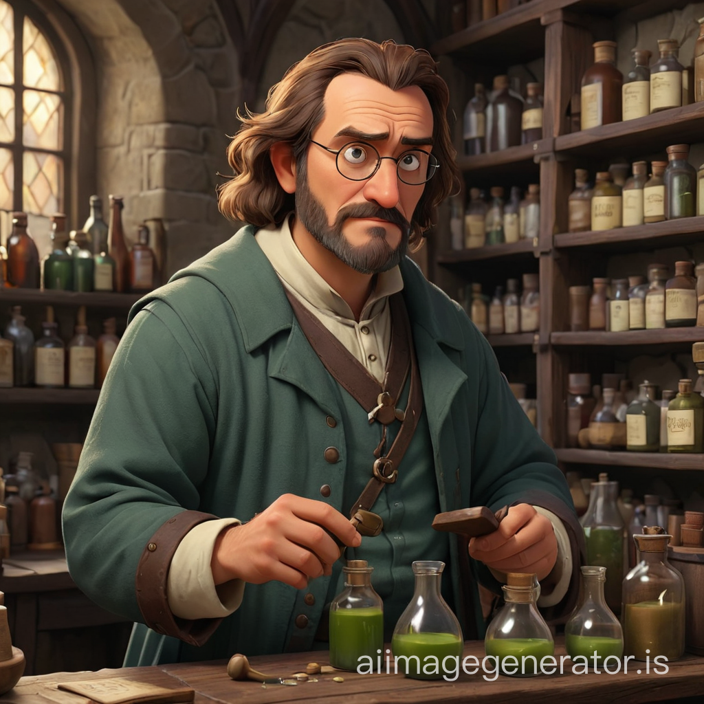 medieval chemist in apothecary + Pixar CGI Style
