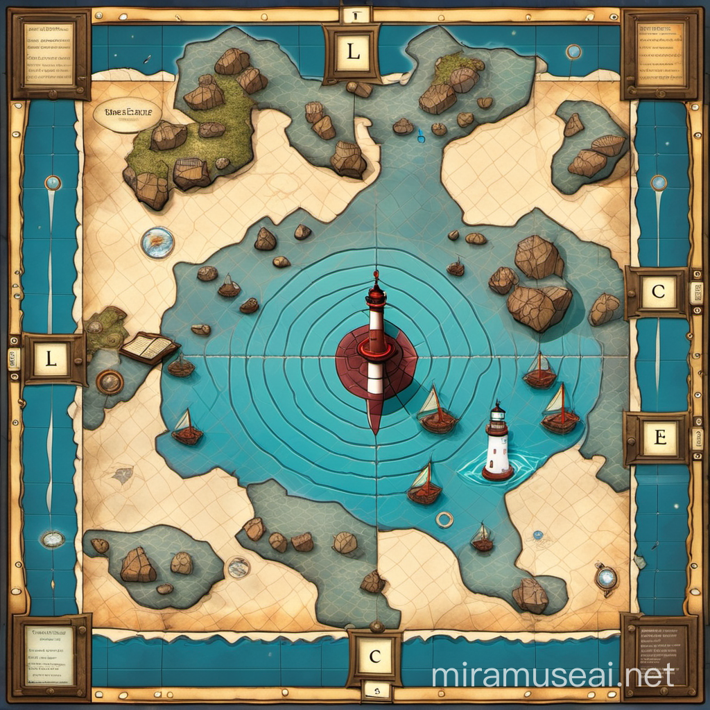 A board game board composed of a square map depicting an ocean, with spaces for the player pieces to move, and spaces composed of rocks that are impassable. The center of the map is a lighthouse.