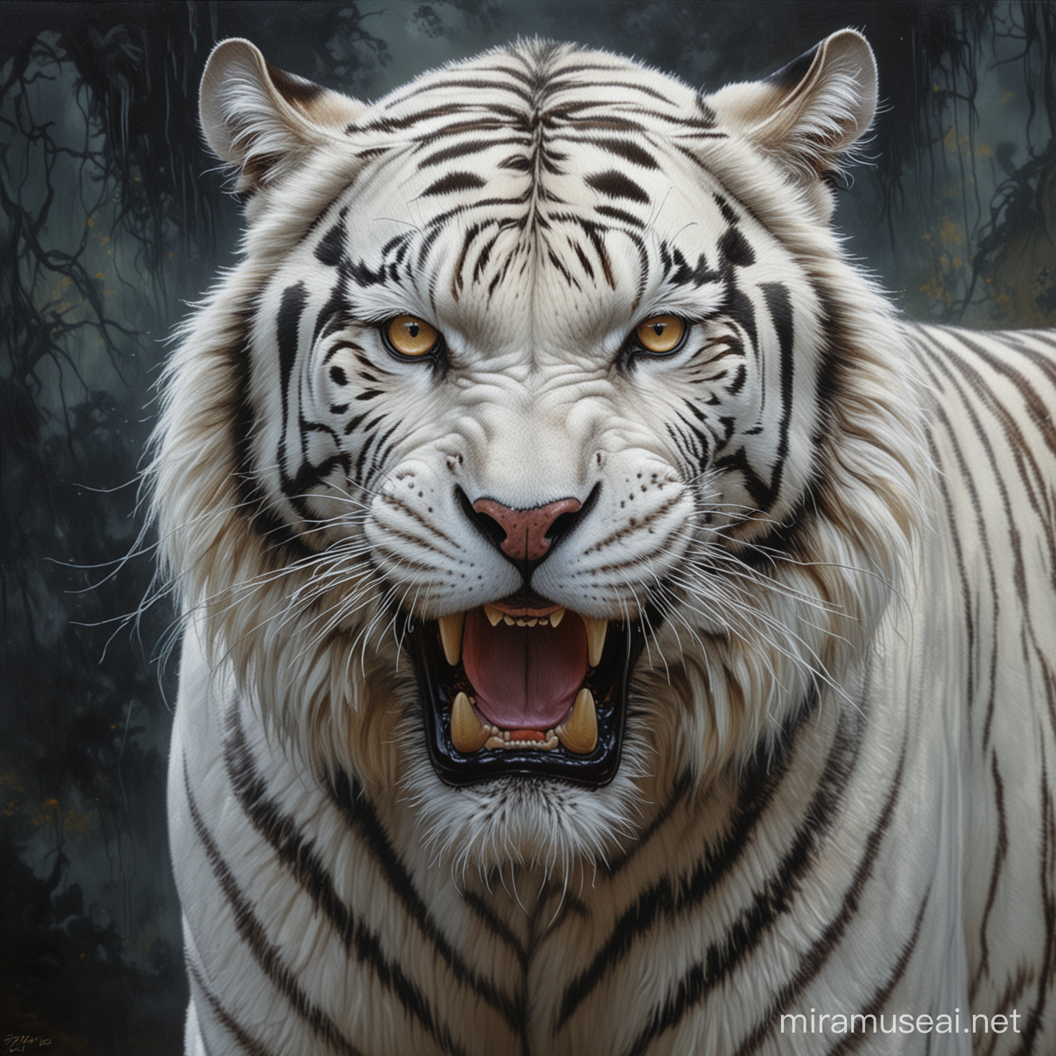 a realistic angry white tiger in a 1990 dark fantasy oil painting