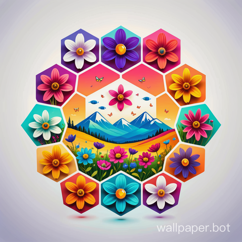 wildflowers logo, masterpiece, fish eye, wildflowers around hexagon,  lineart, summer scale, crazy colors 
