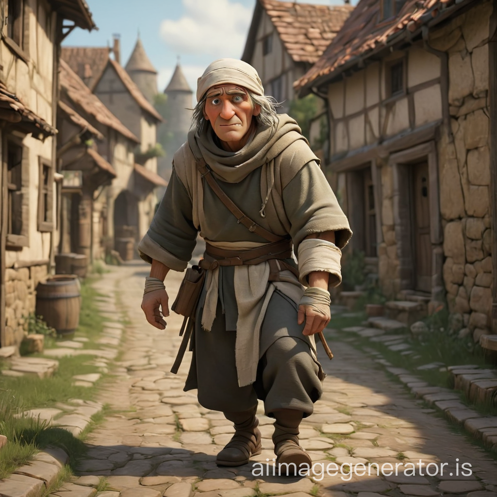leper walking with bandages in medieval village   Pixar CGI Style