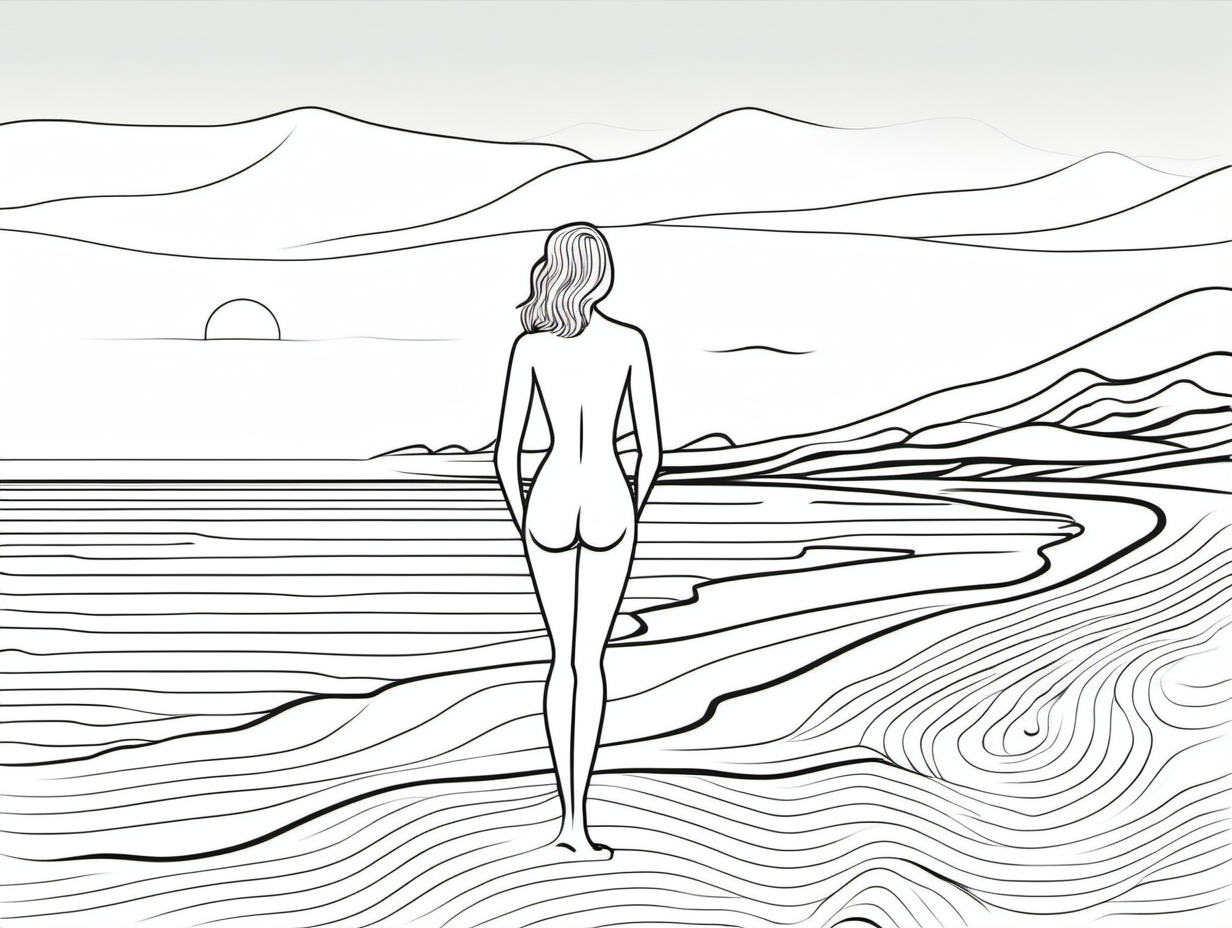 Minimalist, line art, naked woman on beach for coloring