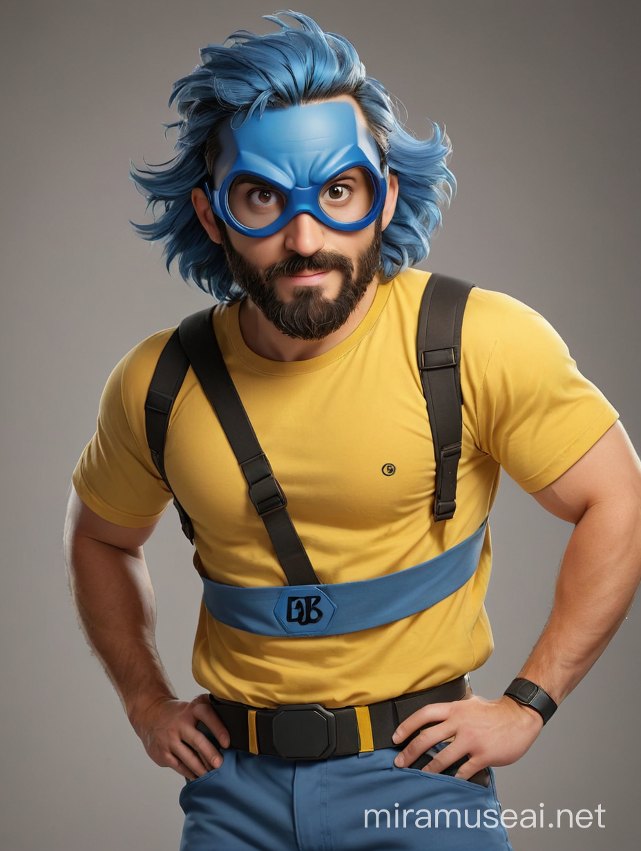 member of superhero team, alone, NAMED BEE MAN YELLOW shirt, letter B, ON CHEST ONLEY B,ON CHEST(NO MISTAKES)NERDY set, bLUE HAIR, round face, male, UNDERWEAR OVER PANTS AND BLACK UTILITY BELT BROWN  BEARD AND YELLOW GOGGLES OH AND BLACK MASK OVER
