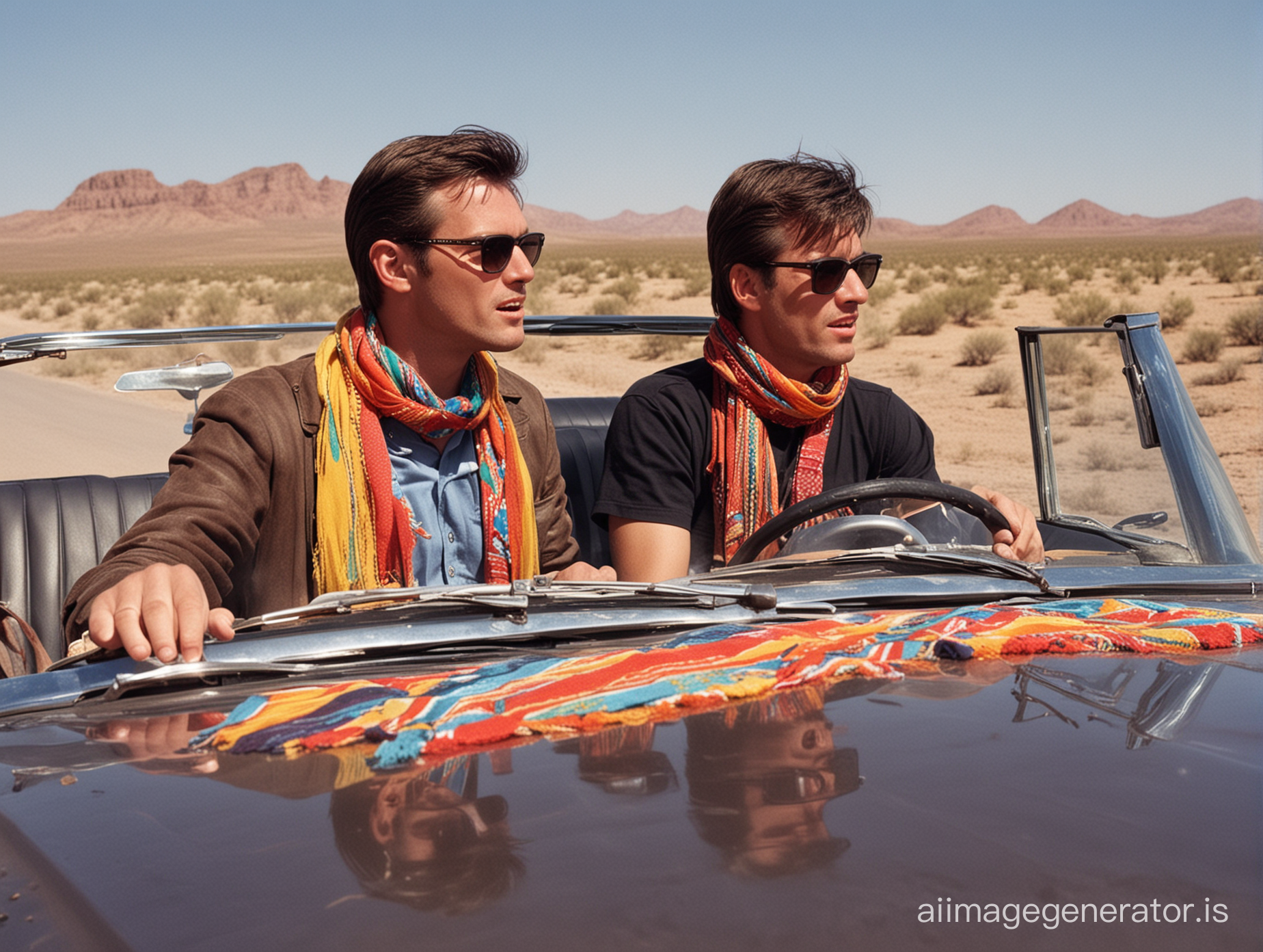 two men with short dark hair, driving a 1960's convertible automobile in the desert southwest US, one wearing a colorful scarf which is blowing behind due to the wind as they travel similar to the movie "Thelma and Louise"