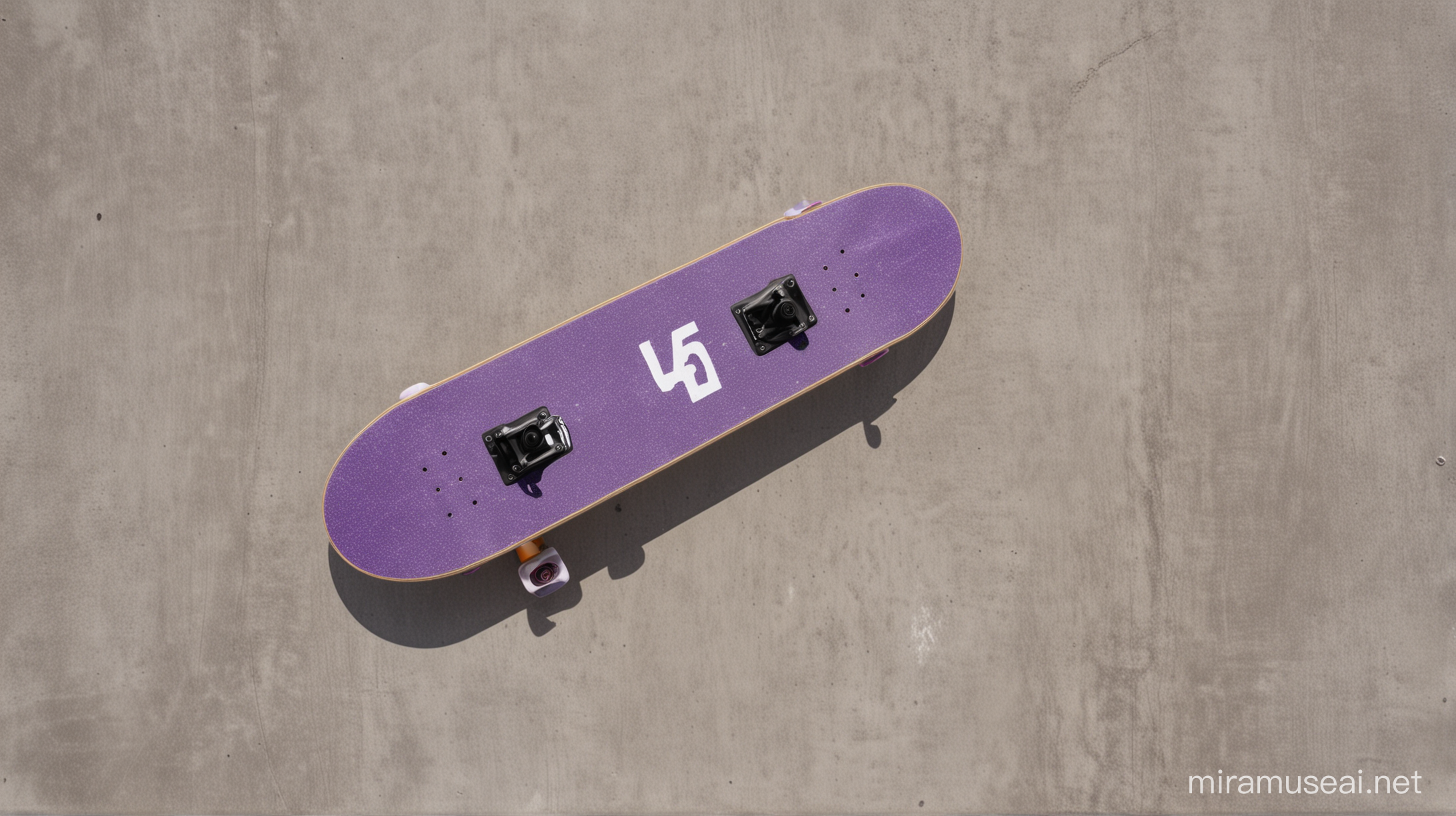 purple skateboard flat at 45 degree angle, wheels up, concrete background, letter sized magazine laid flat nearby, shot from above