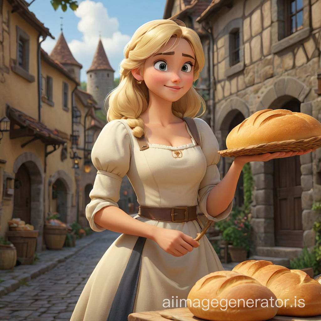 Pixar CGI Style  + blonde big breasted baker with bread  + medieval village