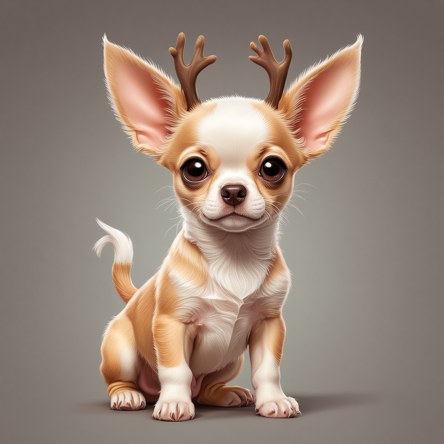 a cartoon chihuahua puppy with deer horns and a white head
