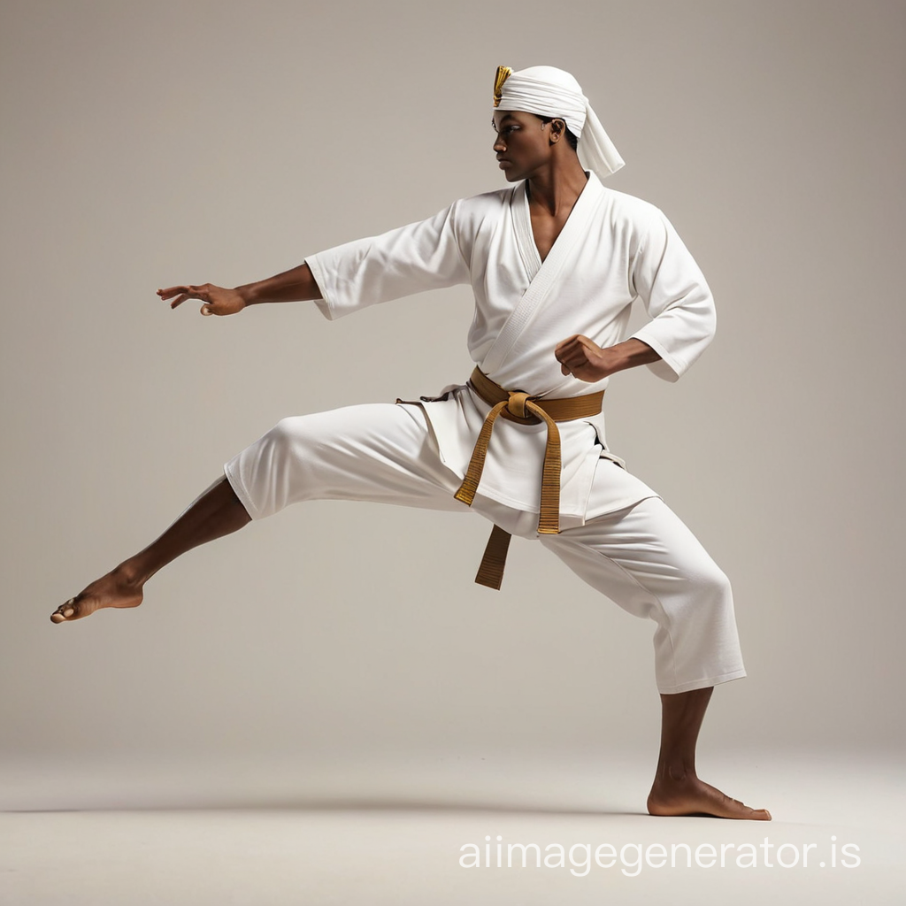 Create a detailed silhouette of a Pharaoh performing a karate side kick towards the left side. The silhouette should be placed on a white background and designed specifically for a logo. Please ensure that the Pharaoh's pose accurately represents a karate side kick, with the appropriate positioning of the legs, arms, and body. The silhouette should be clear and easily recognizable, capturing the essence of both the Pharaoh and the karate move.