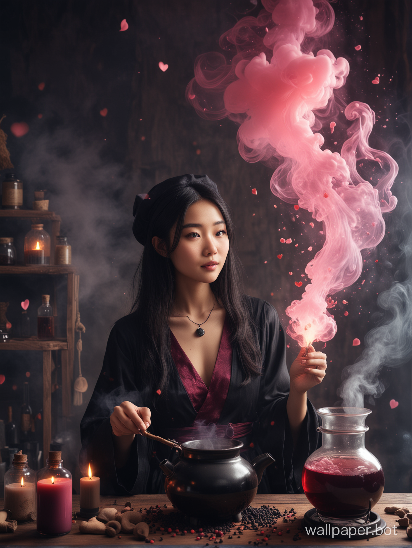 A 25 year old asian witch brewing a love potion, cinematic, imagine a brew with smoky hearts floating into the air, be creative and unrealistic