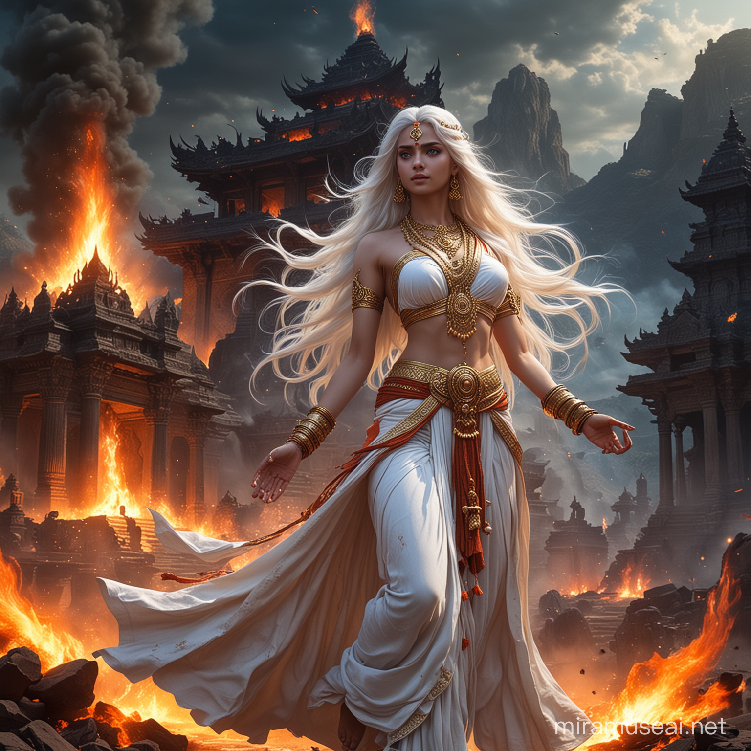 Young Empress Goddess in Hindu Combat Meditation with Surrounding Fire and Cosmic Energy