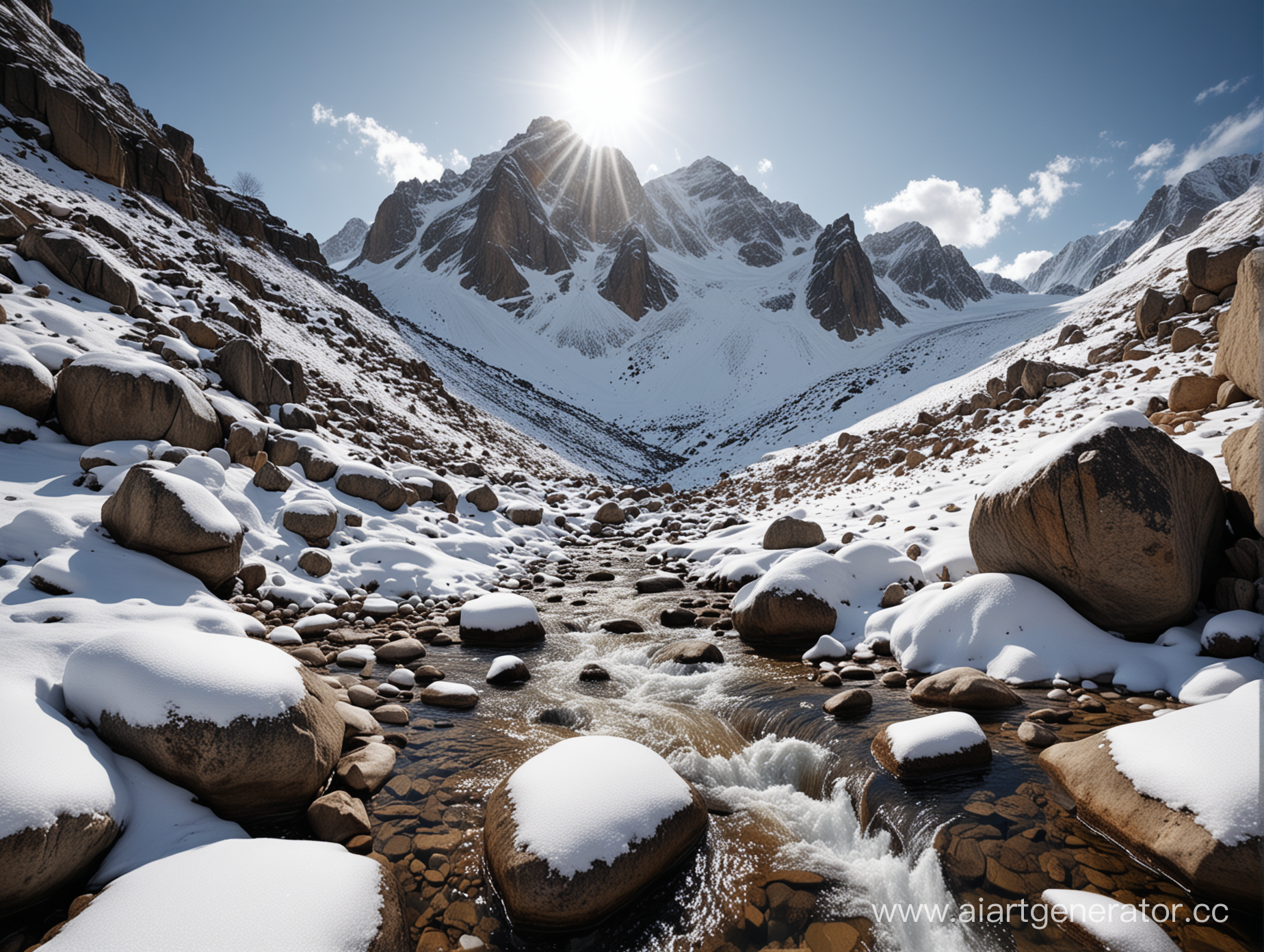 一座雪山，岩层流出山泉水图，8k，索尼摄影机，广角镜头，--ar9:16，最好画质，大师作品