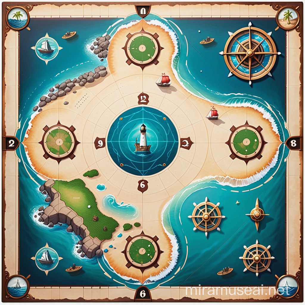A board game board composed of a square map depicting an ocean, with spaces for the player pieces to move. The ocean extends to the edges of the map, with one or two peninsulas jutting out into the ocean. There should also be spaces composed of rocks that are impassable. At the center of the map is a lighthouse on a small island. The map should be vintage style on old parchment. 