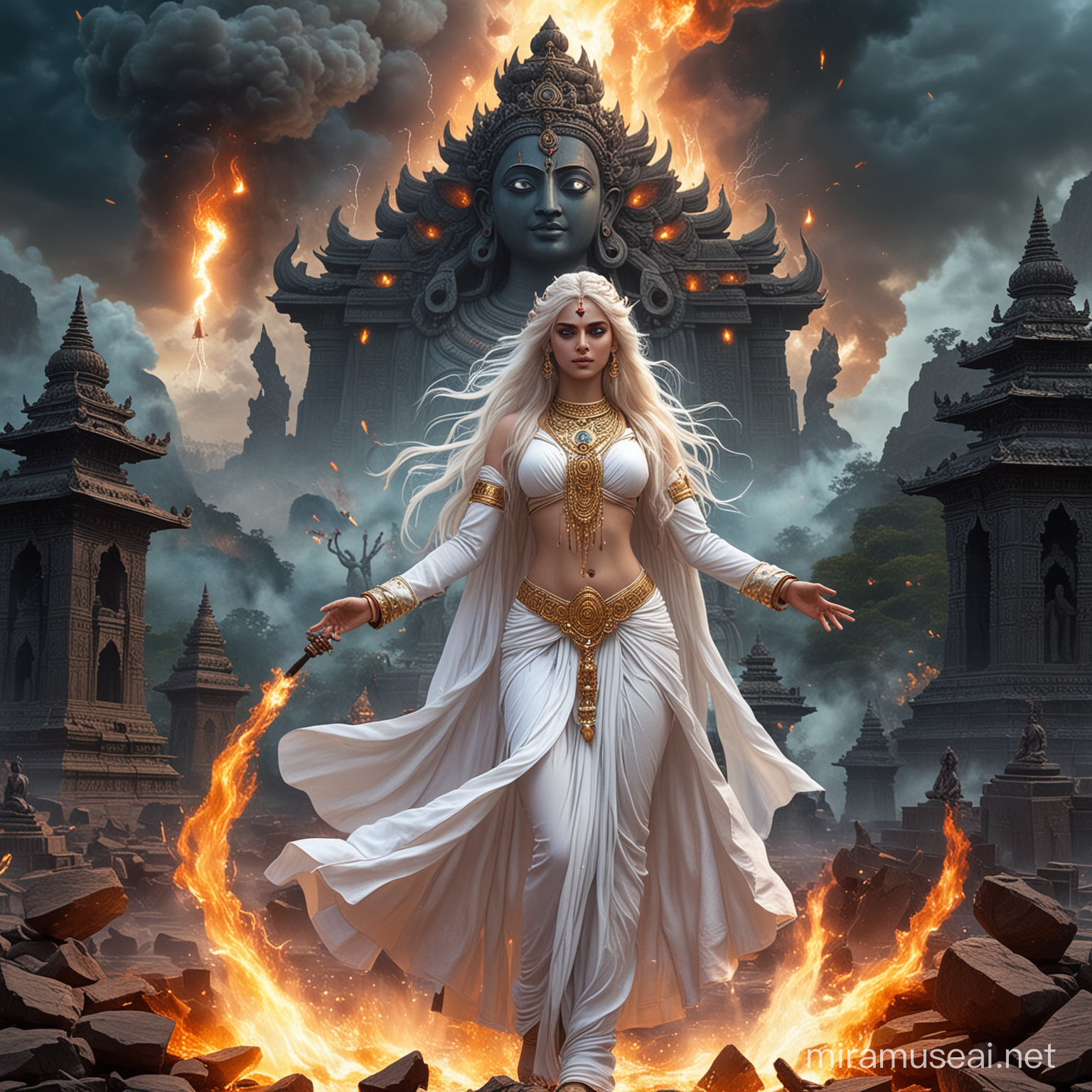 Powerful Hindu Empress Goddess in Mystical Combat Amidst Cosmic Energy and Destruction