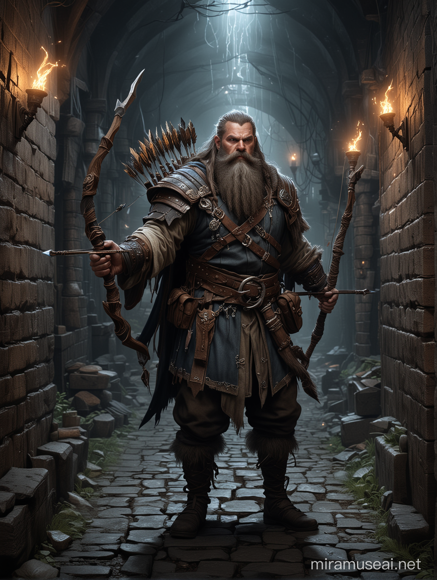 The character is a male dwarf arcane archer. He has a long beard and is surrounded by a strong aura of magic. Several bows and glowing arrows are levitating around him. He's in a dark alley fighting with assassins.