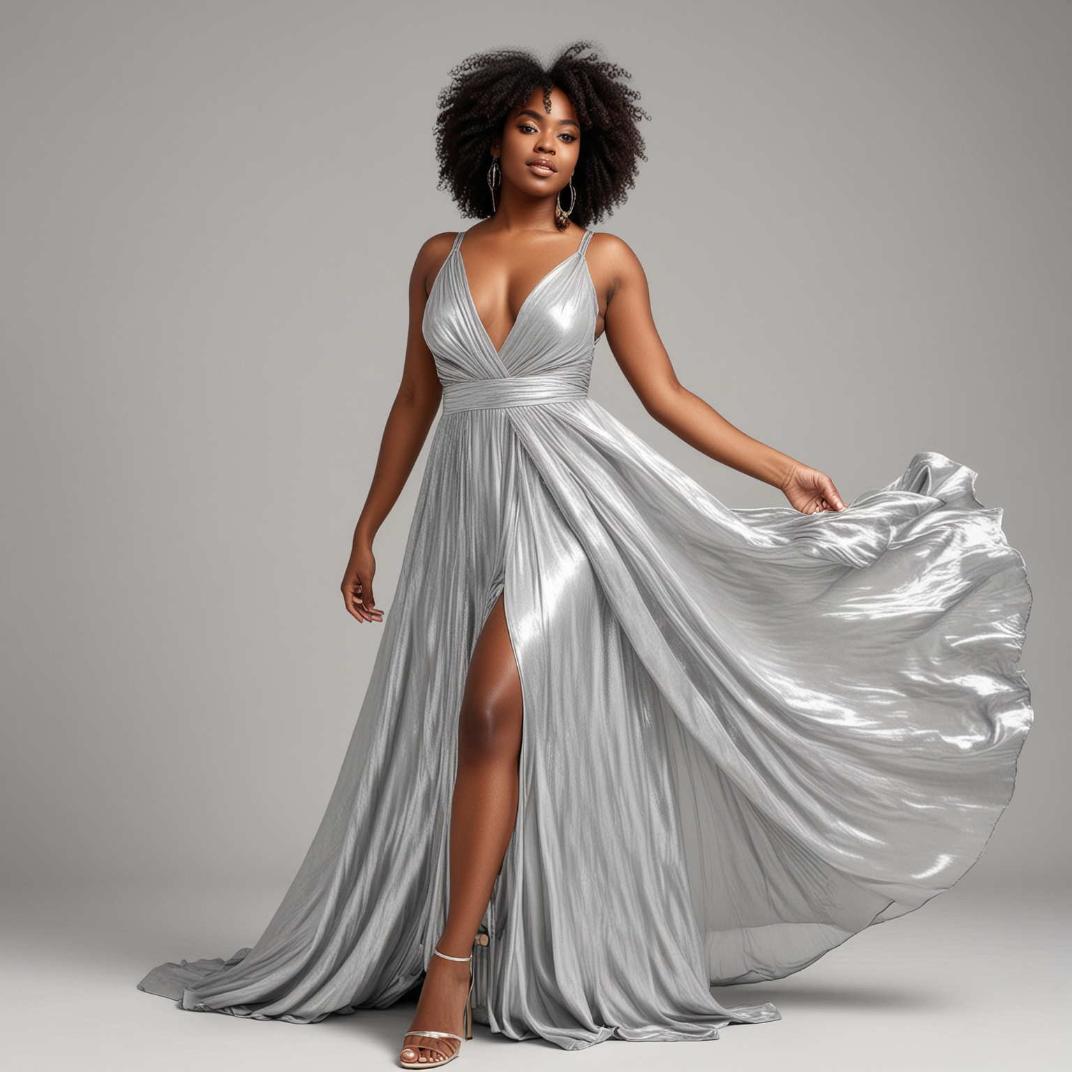 black woman in silver flowy dress