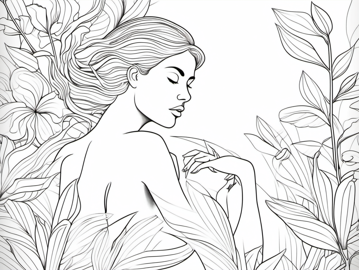 Minimalist Line Art Nude Woman in Spring Setting for Coloring