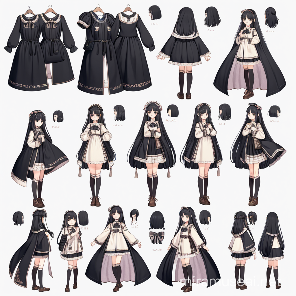 Character design sheet Outfit Full body Anime Light Clothes Complex Simple Pure Cute Brat Anime Girl Persian Traveler Medieval Lolita Black Hair