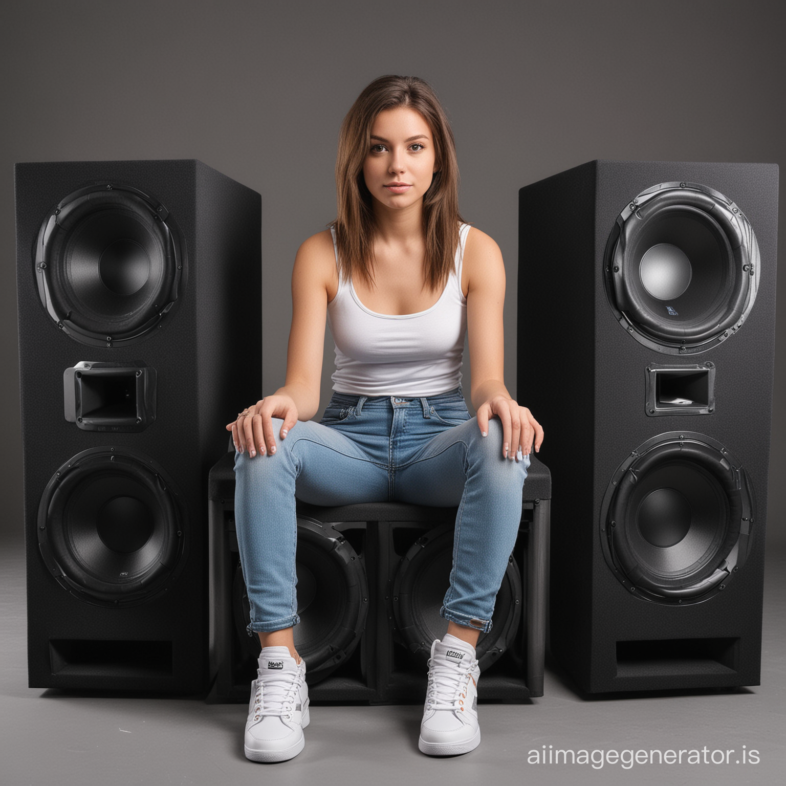 Sitting girl on subwoofers