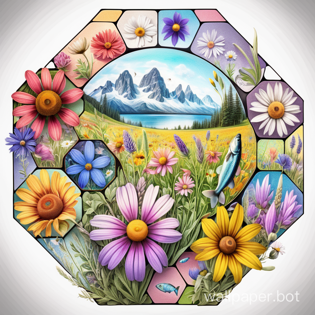 wildflowers logo, masterpiece, fish eye,  hexagons, pencil art, crazy scale colors,  crazy composition, 