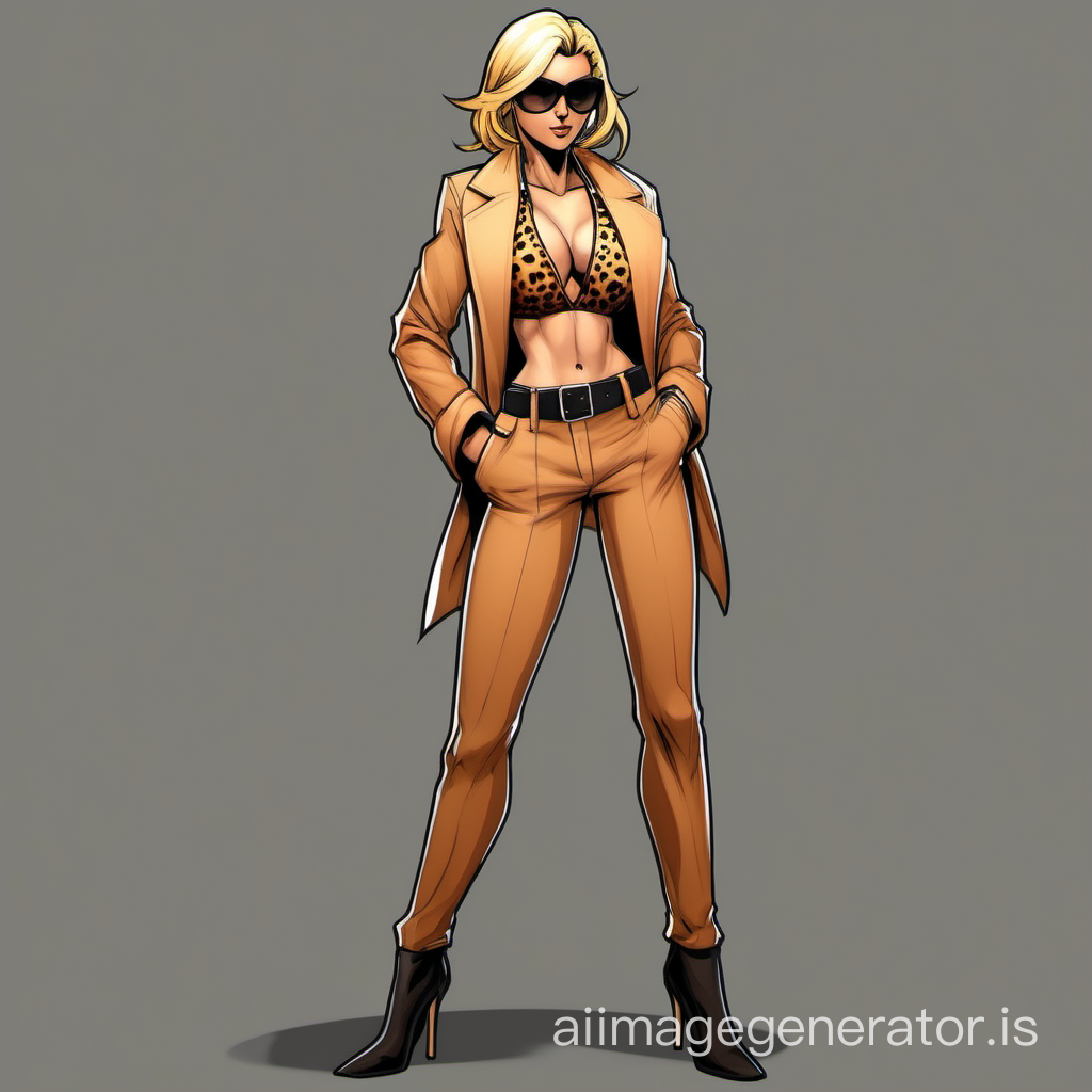 fighting game character whos a white female. She has blond and black hair which she lets down. She wears a a cheetah colored bikini. A tan unzipped coat with tan brown pants that has a belt. She also has a tan brown high heels, black sunglasses.